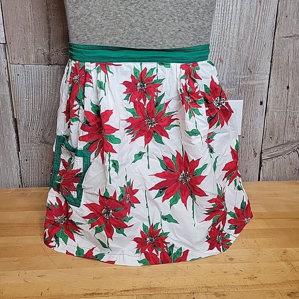 Vintage 50's Christmas Half Apron Poinsettia Handmade Holly Green Red White